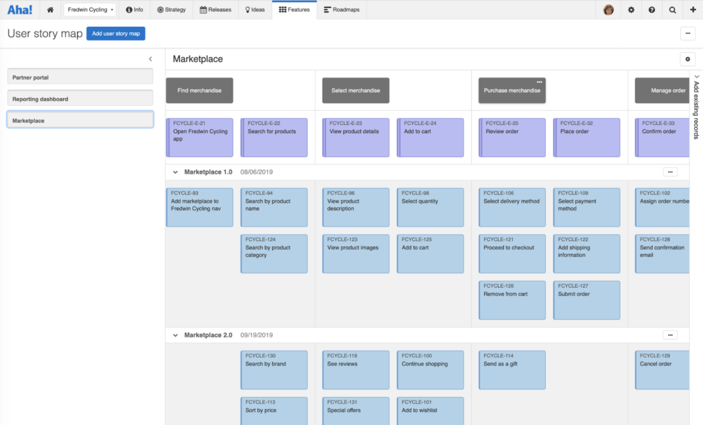 Use the user story map view to map the ideal user flow and capture ideas as you go.