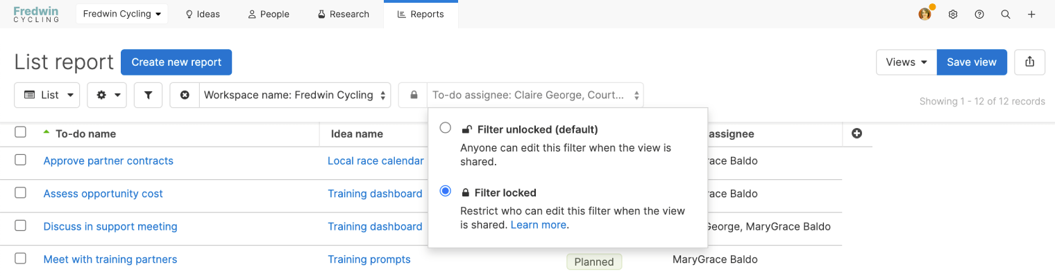 List report showing the lock filter option on a to-do assignee filter.