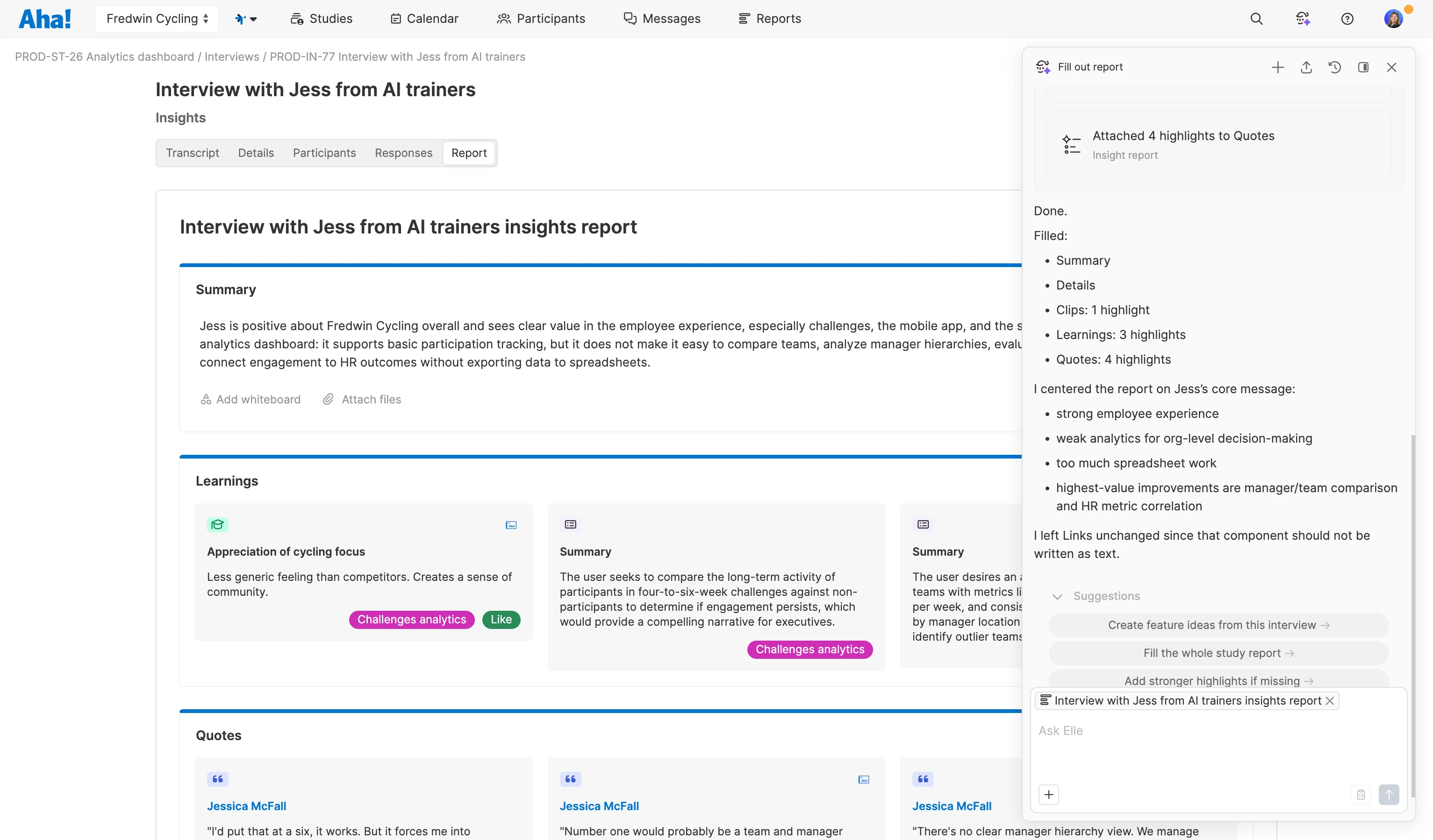 Create an insights report for each conversation in Aha! Discovery