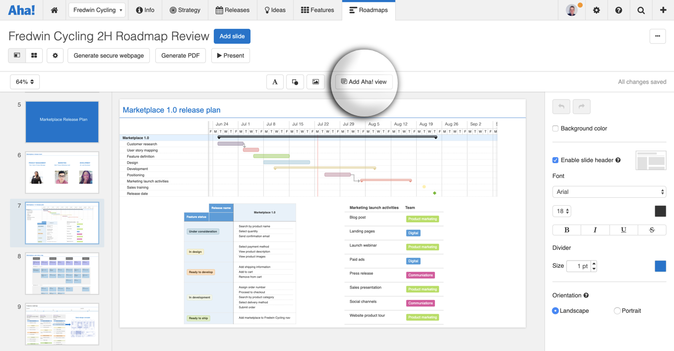 The presentation slide editor with a highlight on the Add Aha! View button.