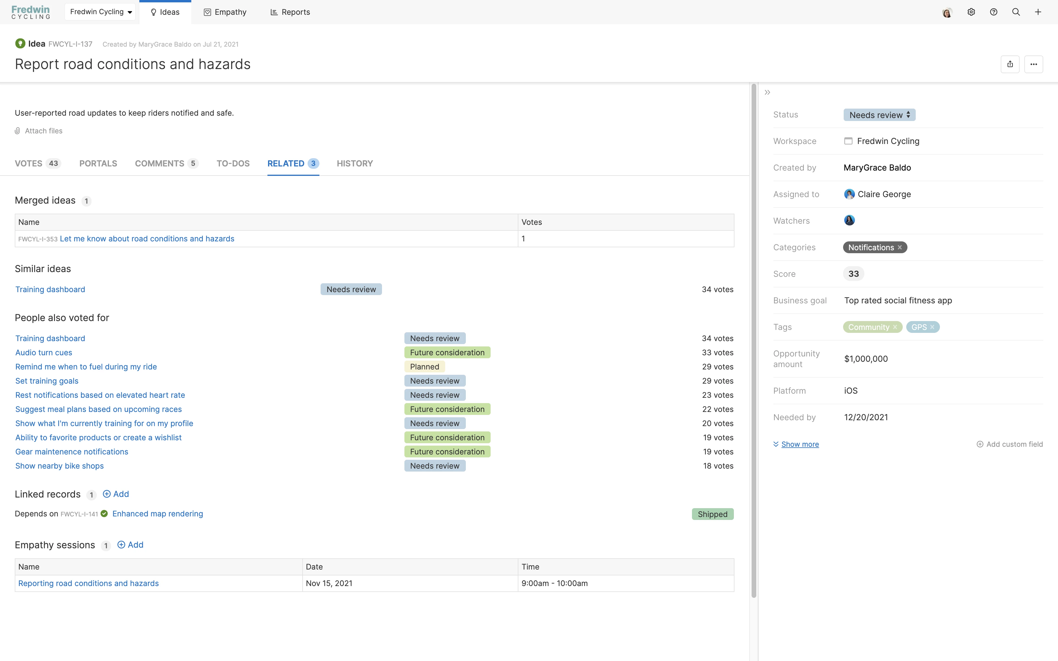 The Related tab also shows linked records, merged ideas, and empathy sessions.