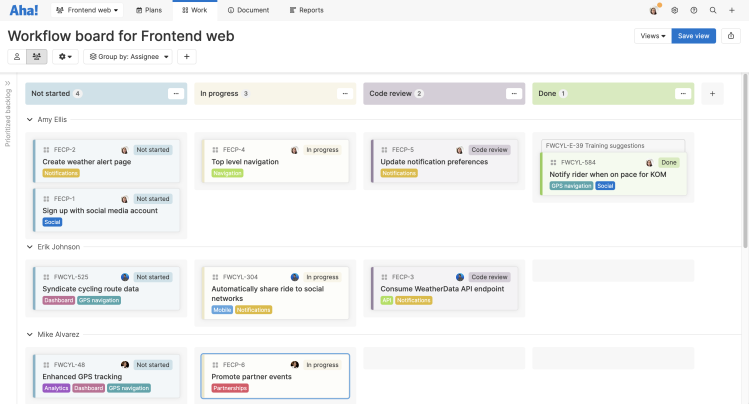 A kanban-style workflow board in Aha! Develop with swimlanes