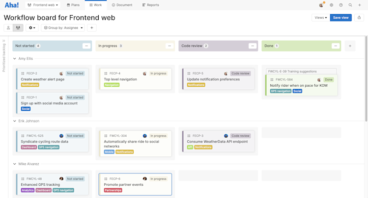 A kanban-style workflow board in Aha! Develop with swimlanes