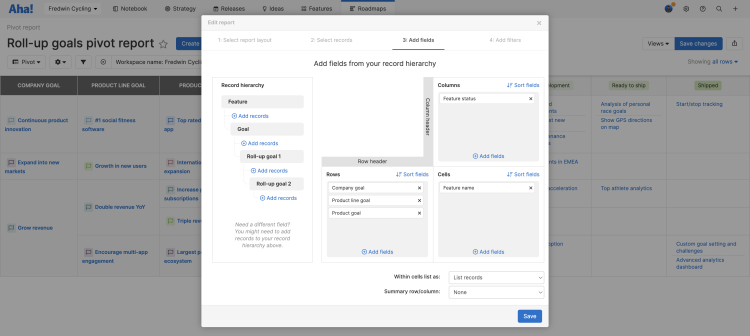 Pivot configuration modal open in front of a pivot table.