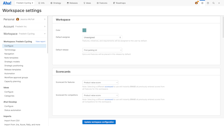 The Workspace: Configure settings section