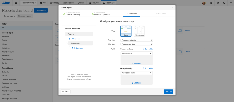 Selecting bars or milestones will determine which date and field options are shown.