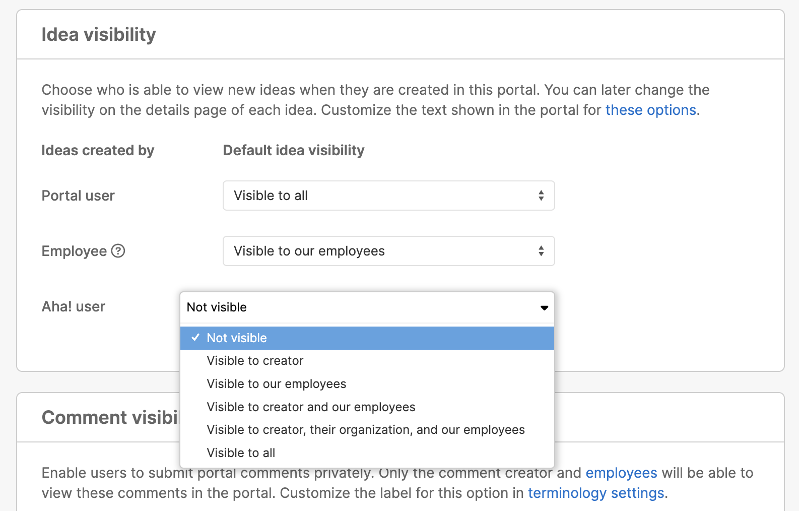 ideas portal settings open to idea visibility