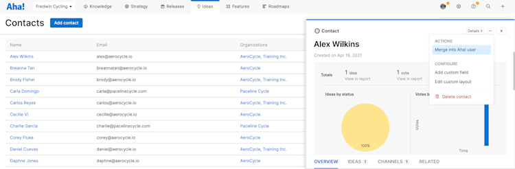 a list of contacts with a contact file open for Alex Wilkins. The More options menu is open and Merge into Aha! user is selected