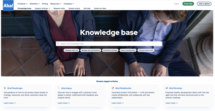 This image shows the Aha! knowledge base: a collection of support articles for users of Aha! software.