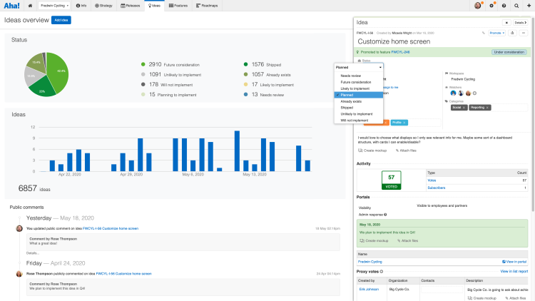 Status updates are automatically sent from Aha! to Salesforce to keep teams up to date on idea plans and progress.