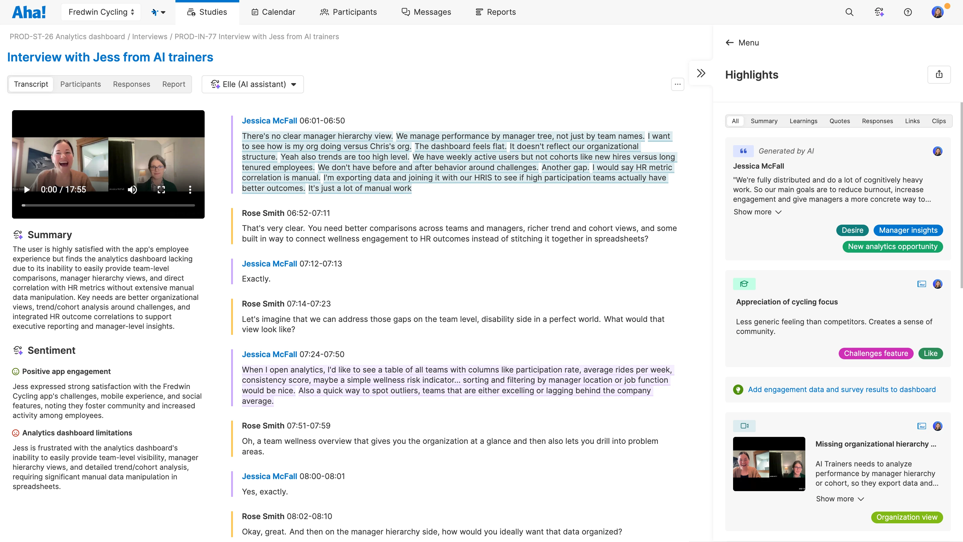 Highlight answers in customer interview transcript in Aha! Discovery