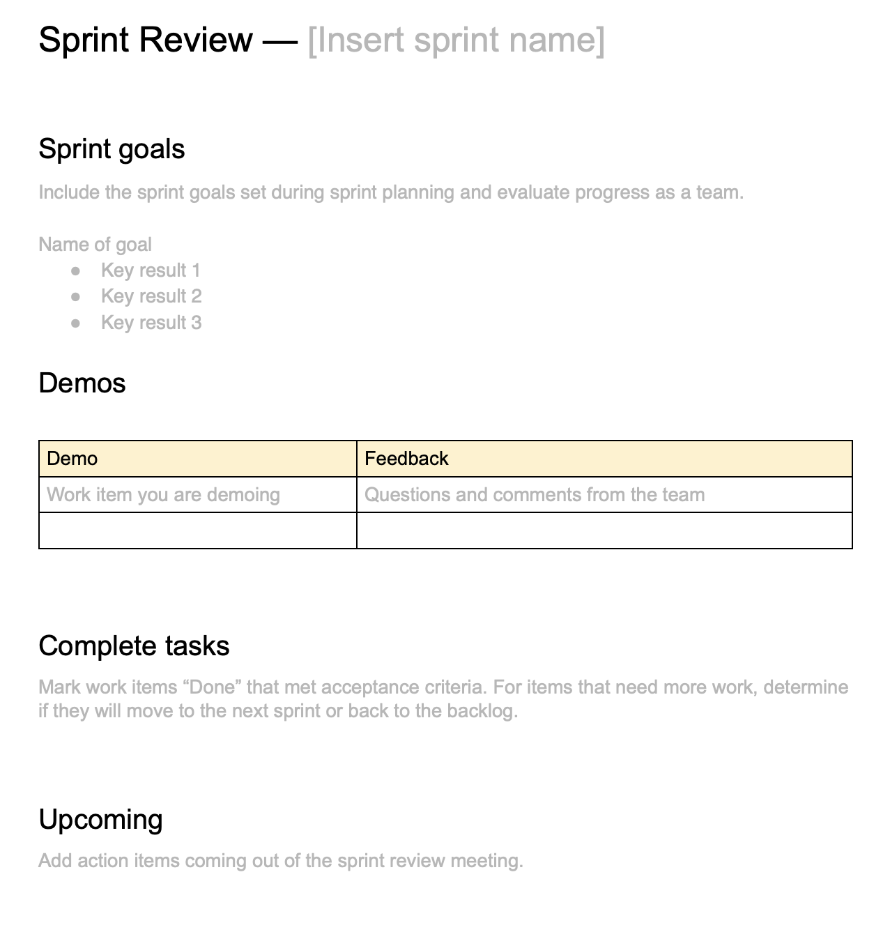 Sprint review template