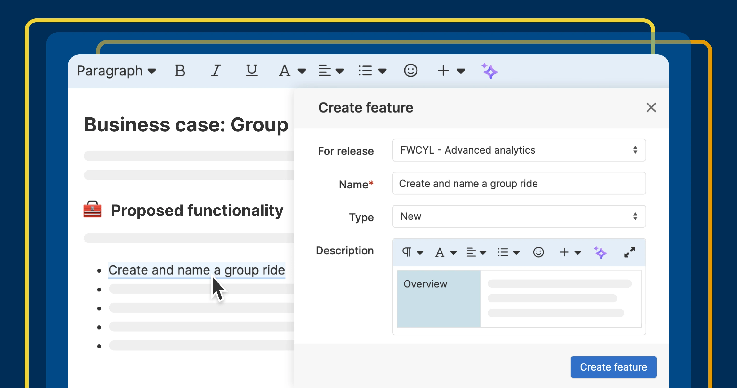 a thumbnail showing a create feature window overlayed on a document with the text editor showing
