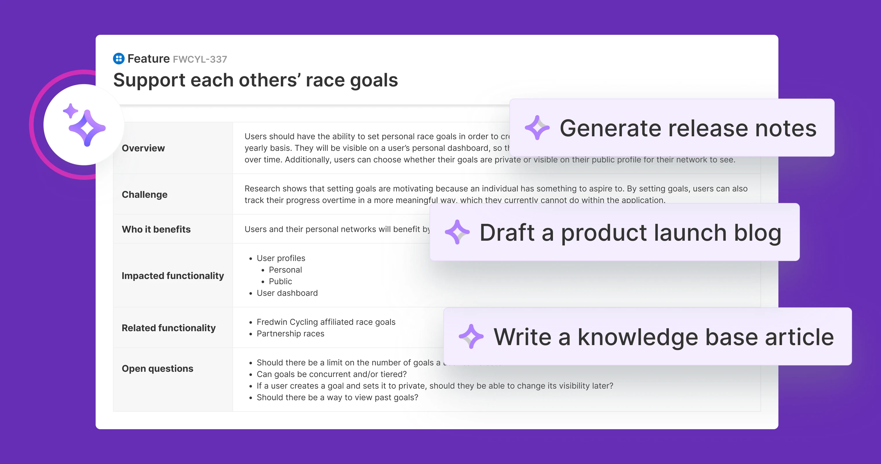 Turn feature descriptions into marketing, sales, and support content with AI