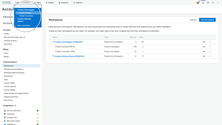 The workspace hierarchy expanded in front of the workspace customizations settings