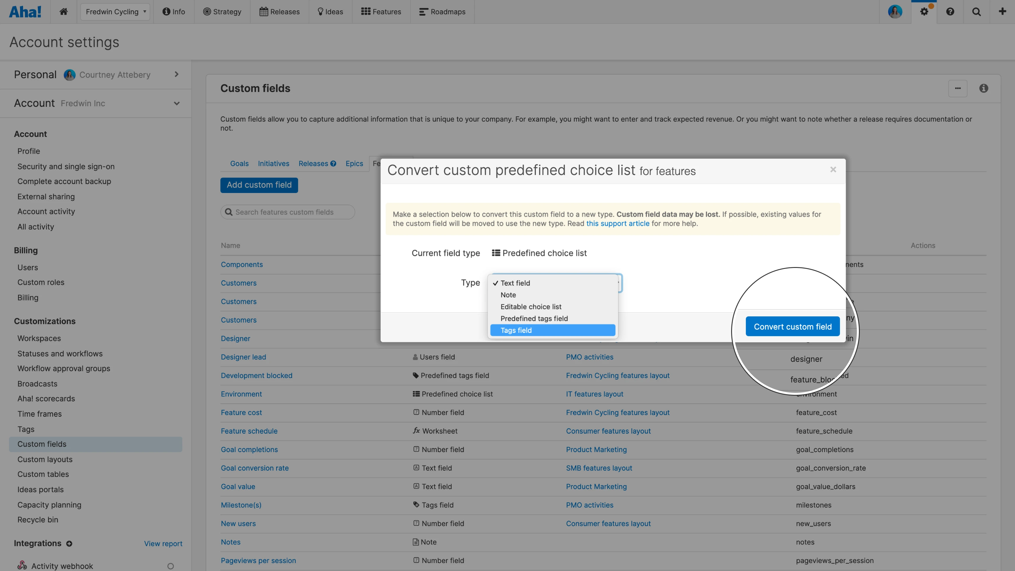 Custom field types can be converted to other similar types.