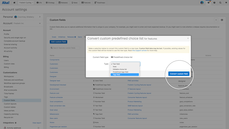 Custom field types can be converted to other similar types.