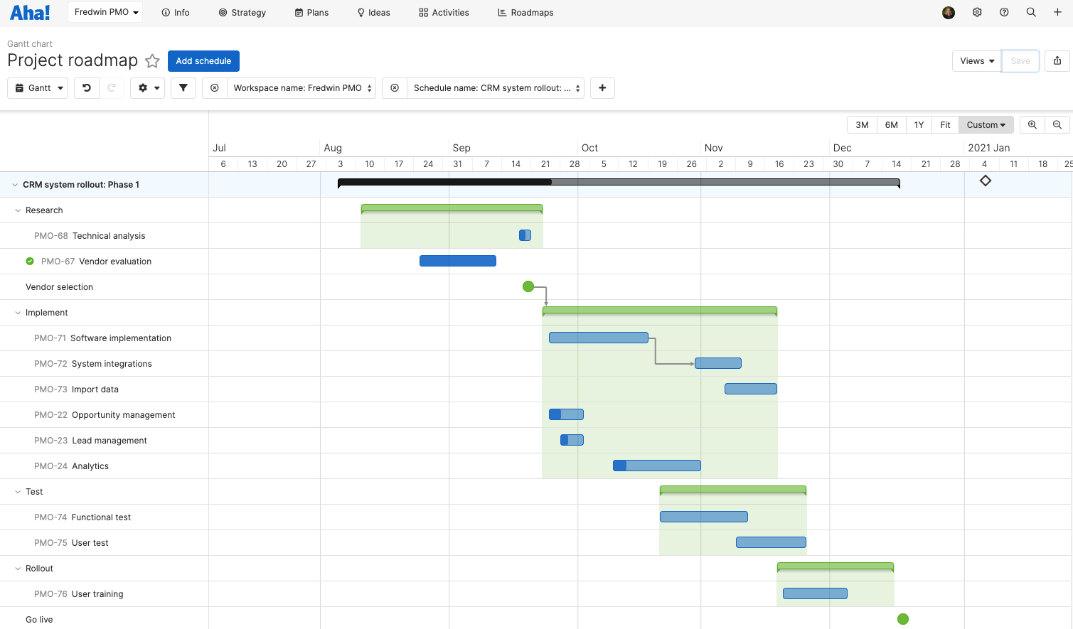 Gantt chart-style project roadmap in Aha! Roadmaps