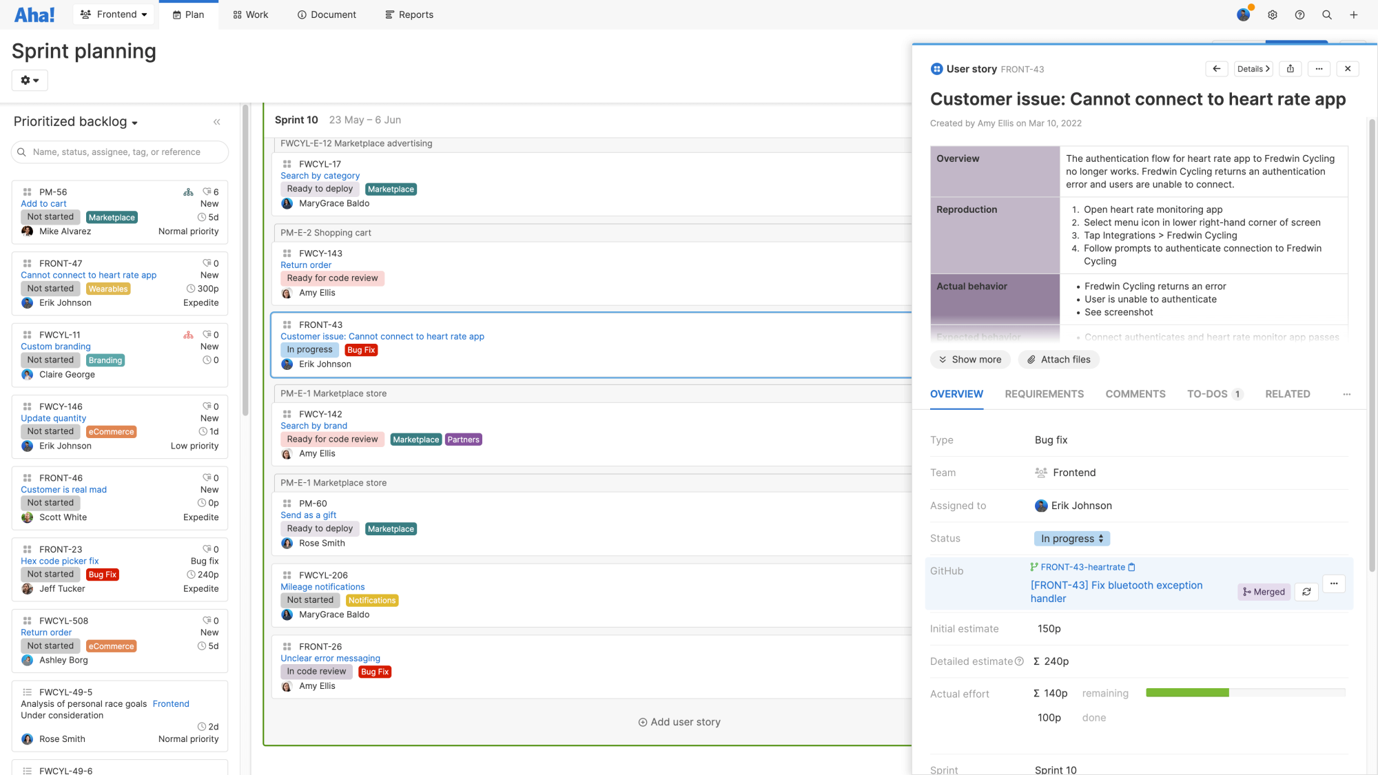 Feature drawer open in front of the sprint planning page, showing the linked GitHub pull request.