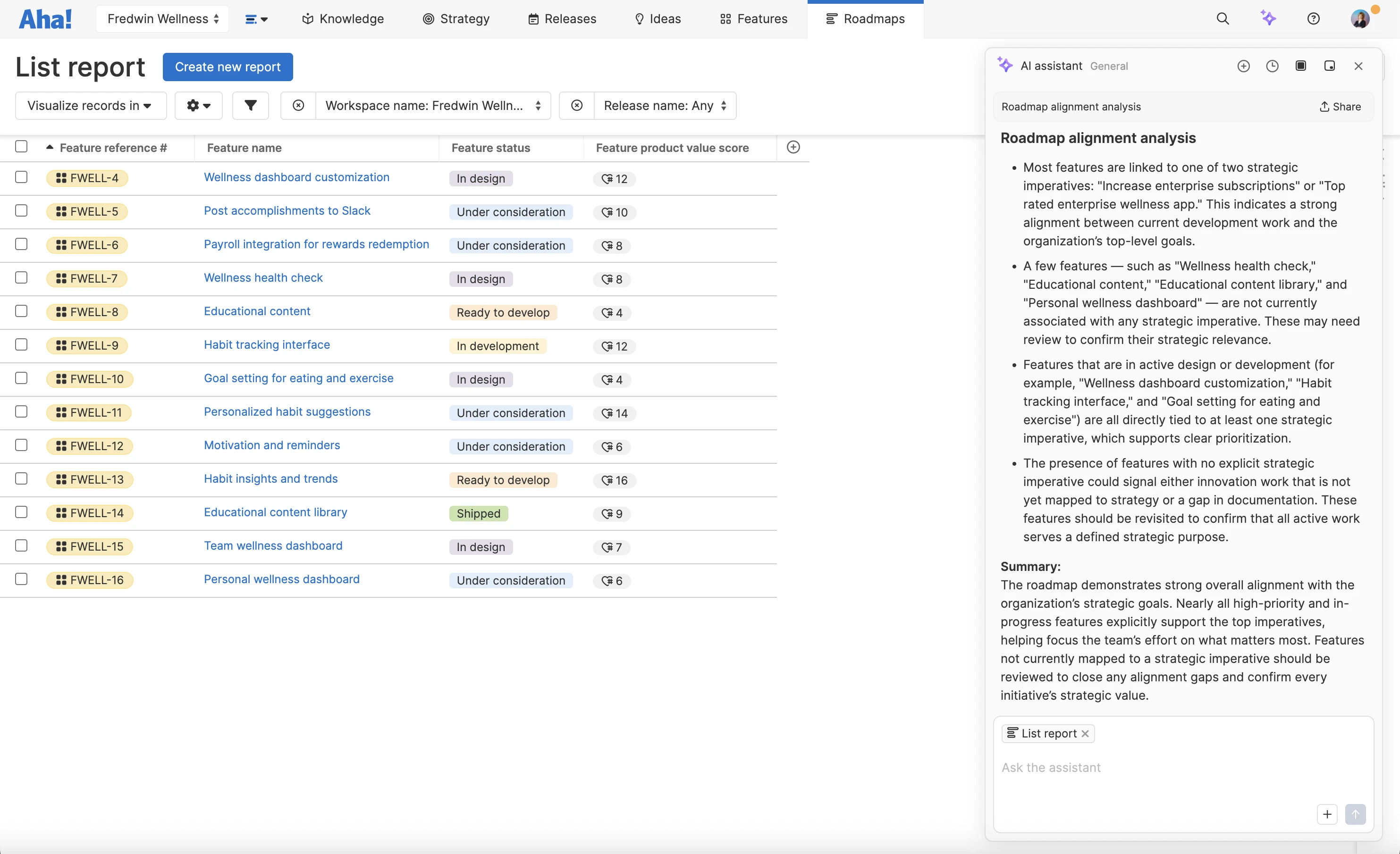 A list report open in Aha! software. The user has opened the AI assistant and is running the Roadmap alignment agent in the AI assistant to see if items in the report align with the roadmap.