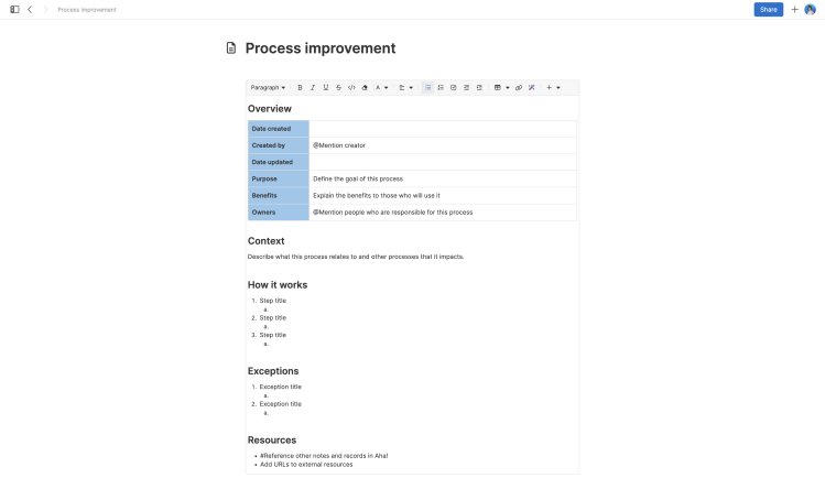 Process improvement note template
