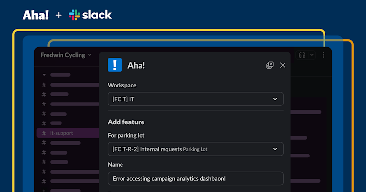 An image showing the Slack interface with a window open over it showing an Add feature window for Aha!