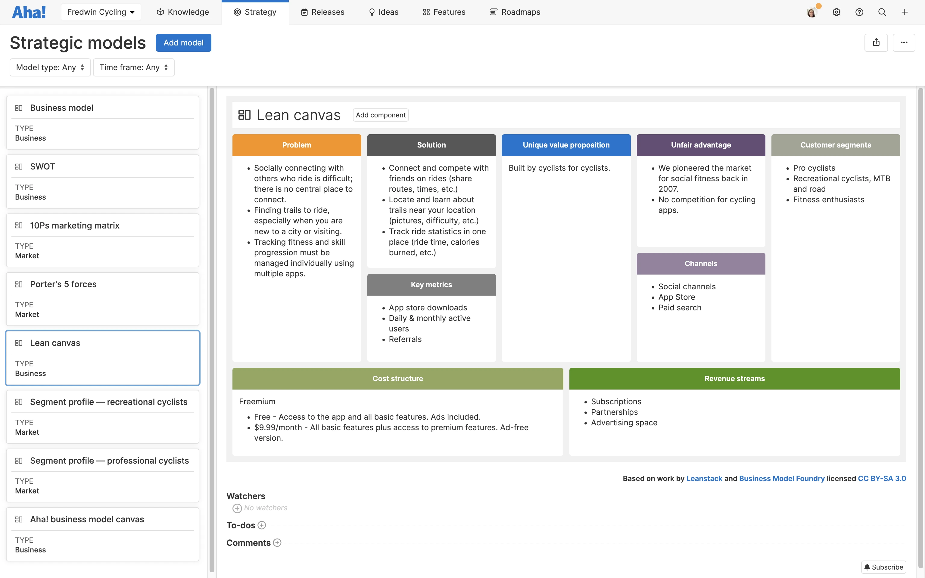 Aha! Roadmaps helps businesses map out their strategy directly within the software. This is an example of a lean canvas created in Aha!