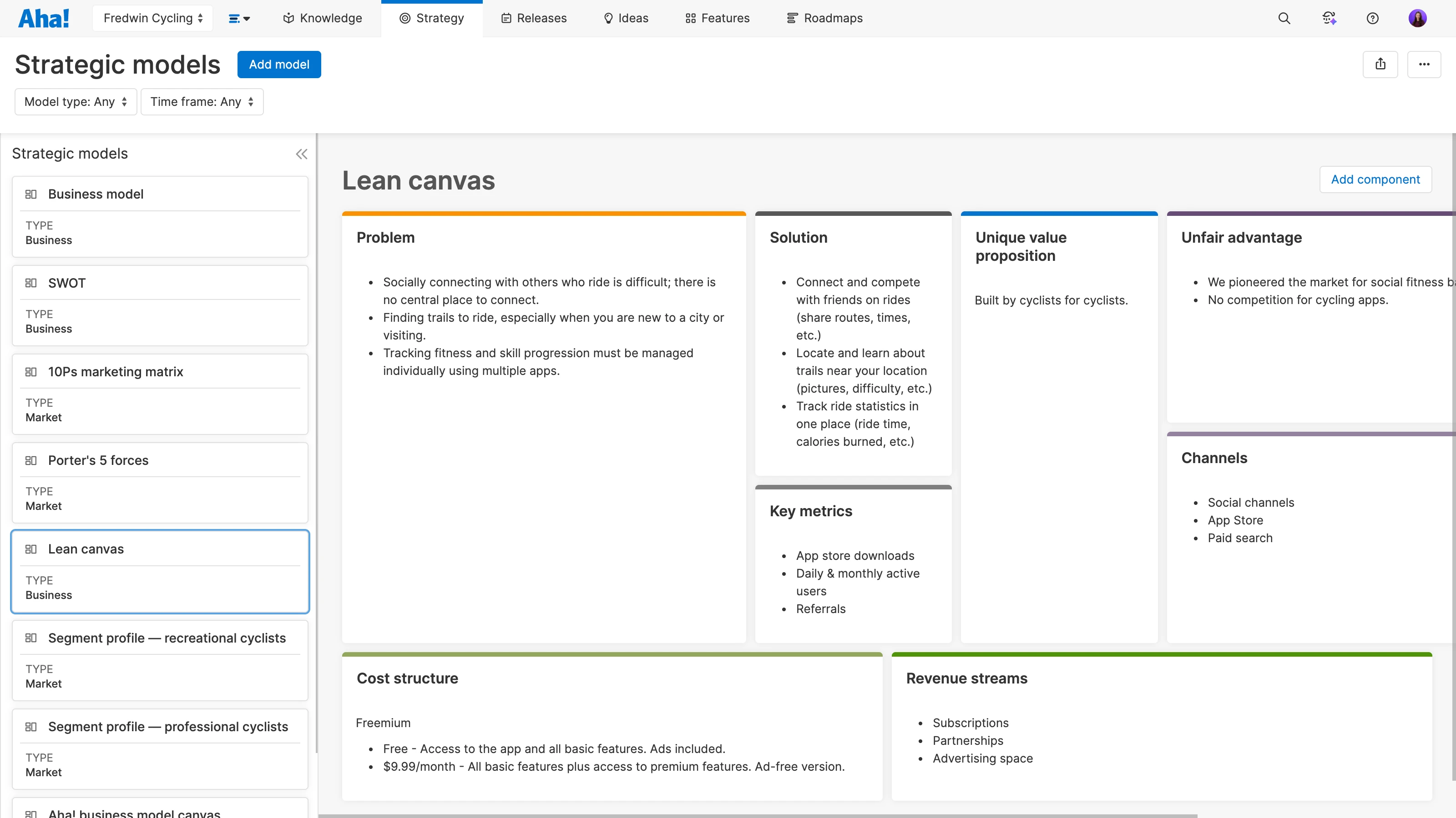 Aha! Roadmaps helps businesses map out their strategy directly within the software. This is an example of a lean canvas created in Aha!