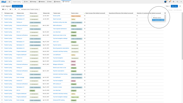 List report showing releases and features, with highlight on the Add Calculation Column option.