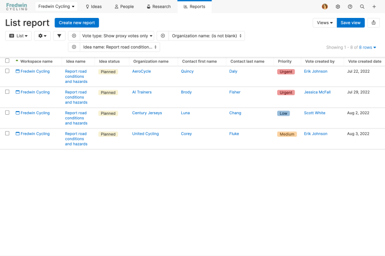 Use your new priority field in a report to see customer priority included with proxy votes.