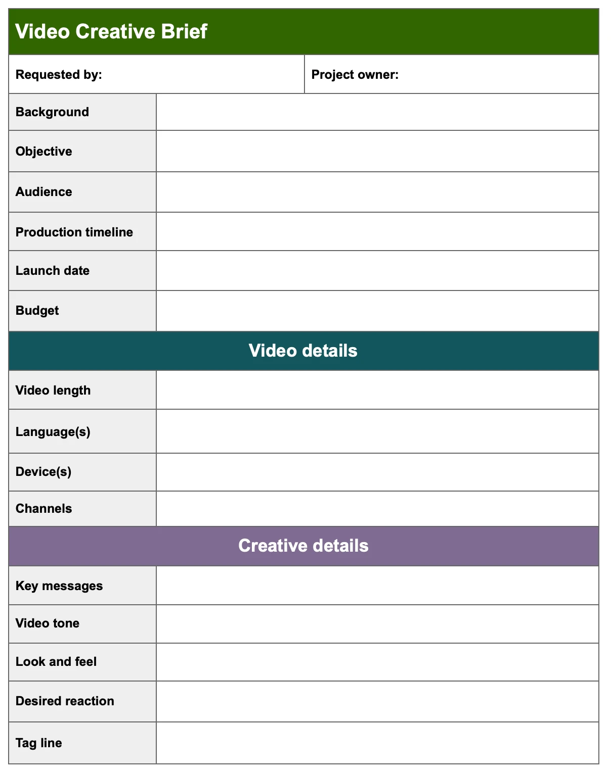 Video creative brief template