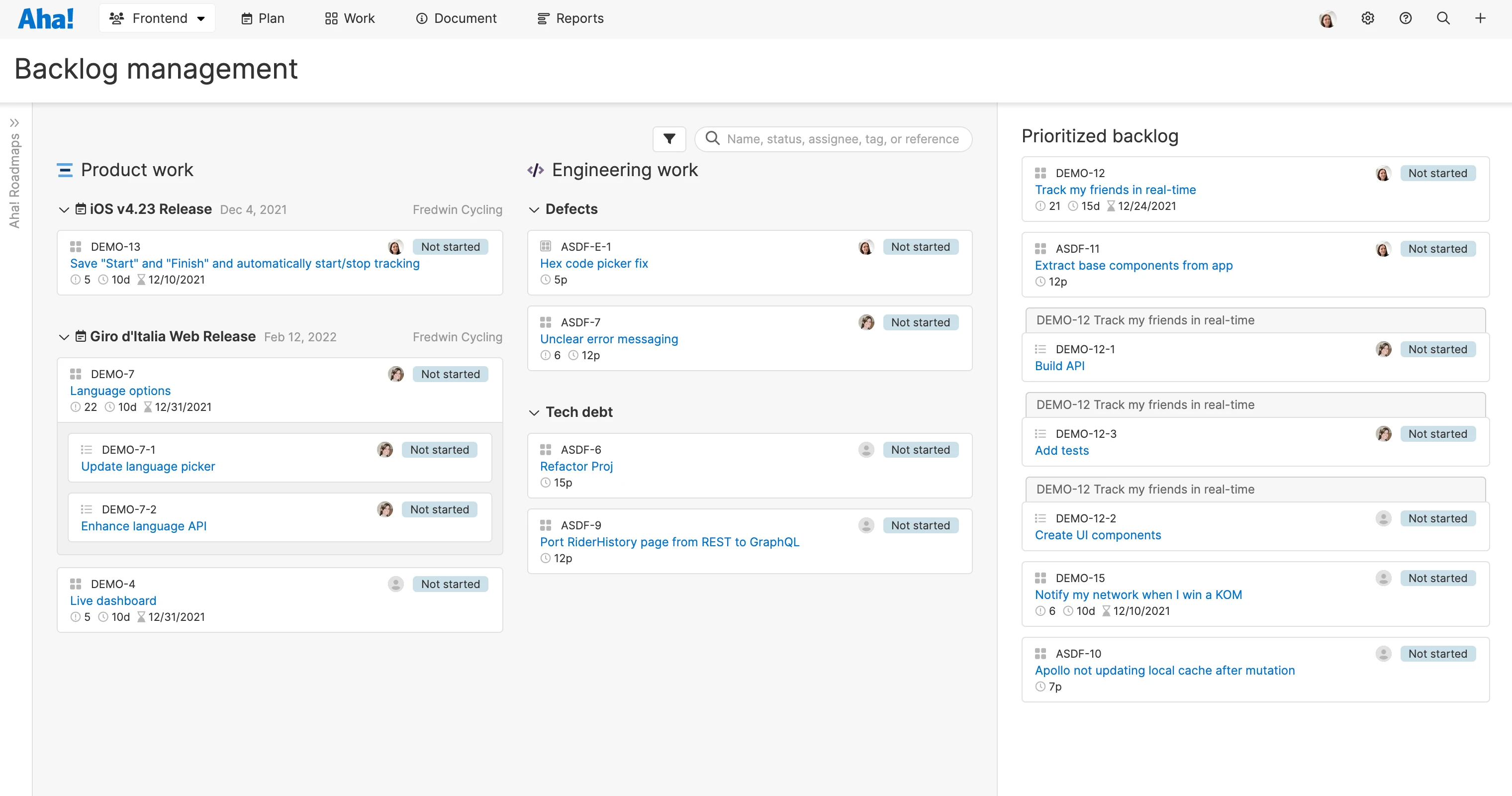 Create one unified product and engineering backlog in Aha! Develop