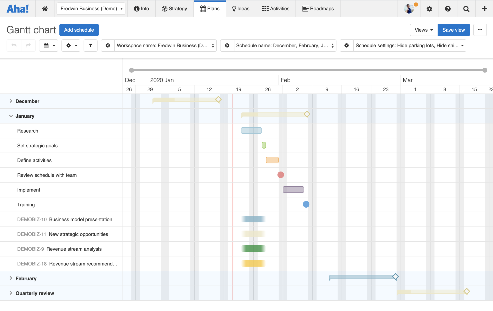A Gantt chart in the business operations workspace.