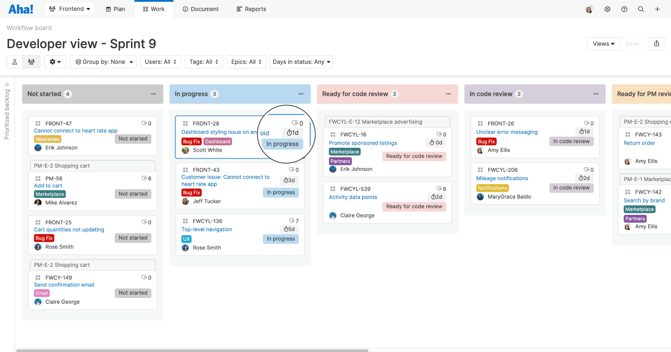 View "Time in status" on in-progress cards on the workflow board in Aha! Develop.
