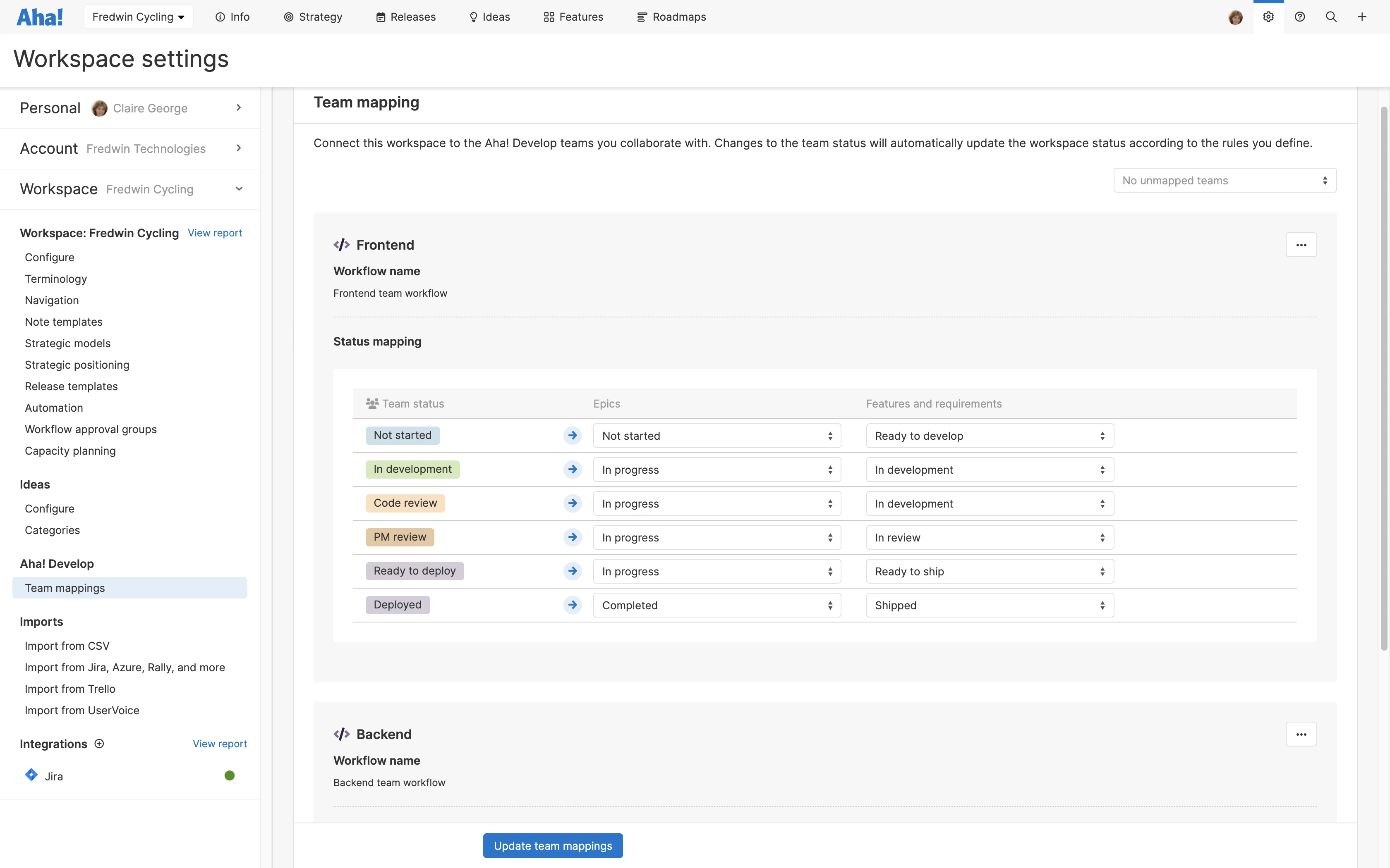 Status mappings are one-way from Develop to Roadmaps. 