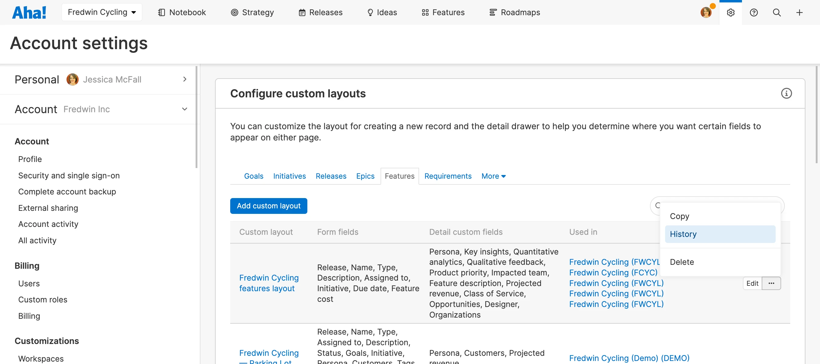 see change history for a custom layout