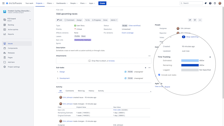 Jira issue with estimate showing how an Aha! estimate of one day becomes inflated in Jira.