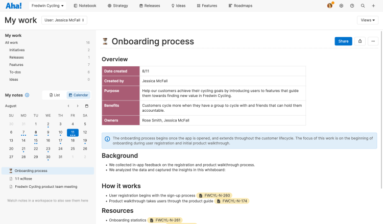 Use the calendar view to manage your daily notes in Aha! Roadmaps.