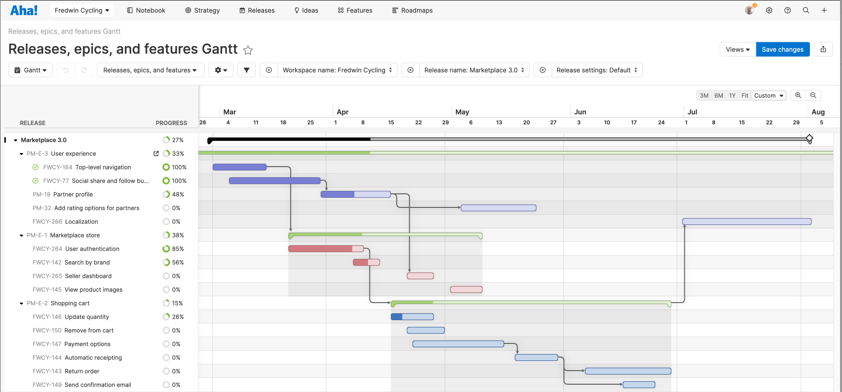 Make sure you have enabled epics in your workspace before you create a Releases, epics, and features Gantt view.