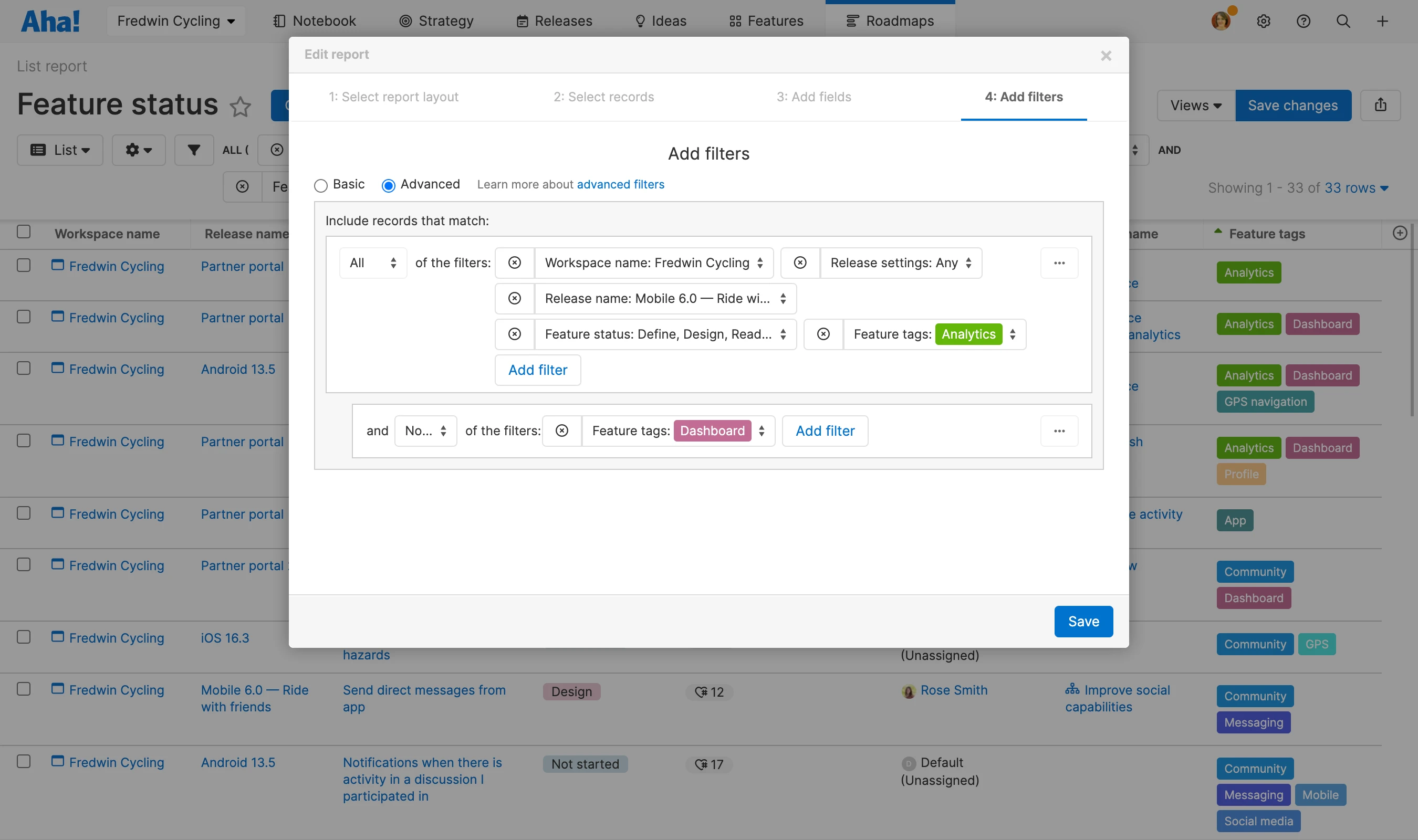 add the same filter twice on reports in Aha! Roadmaps