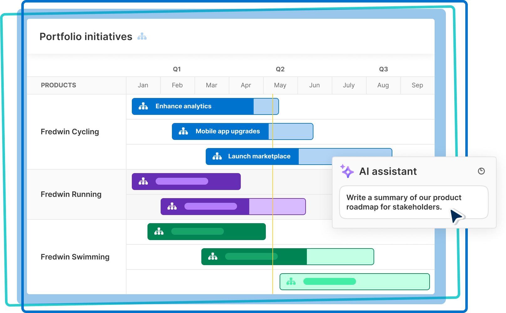 An image of a portfolio roadmap in Aha! roadmap software where you can create beautiful roadmaps