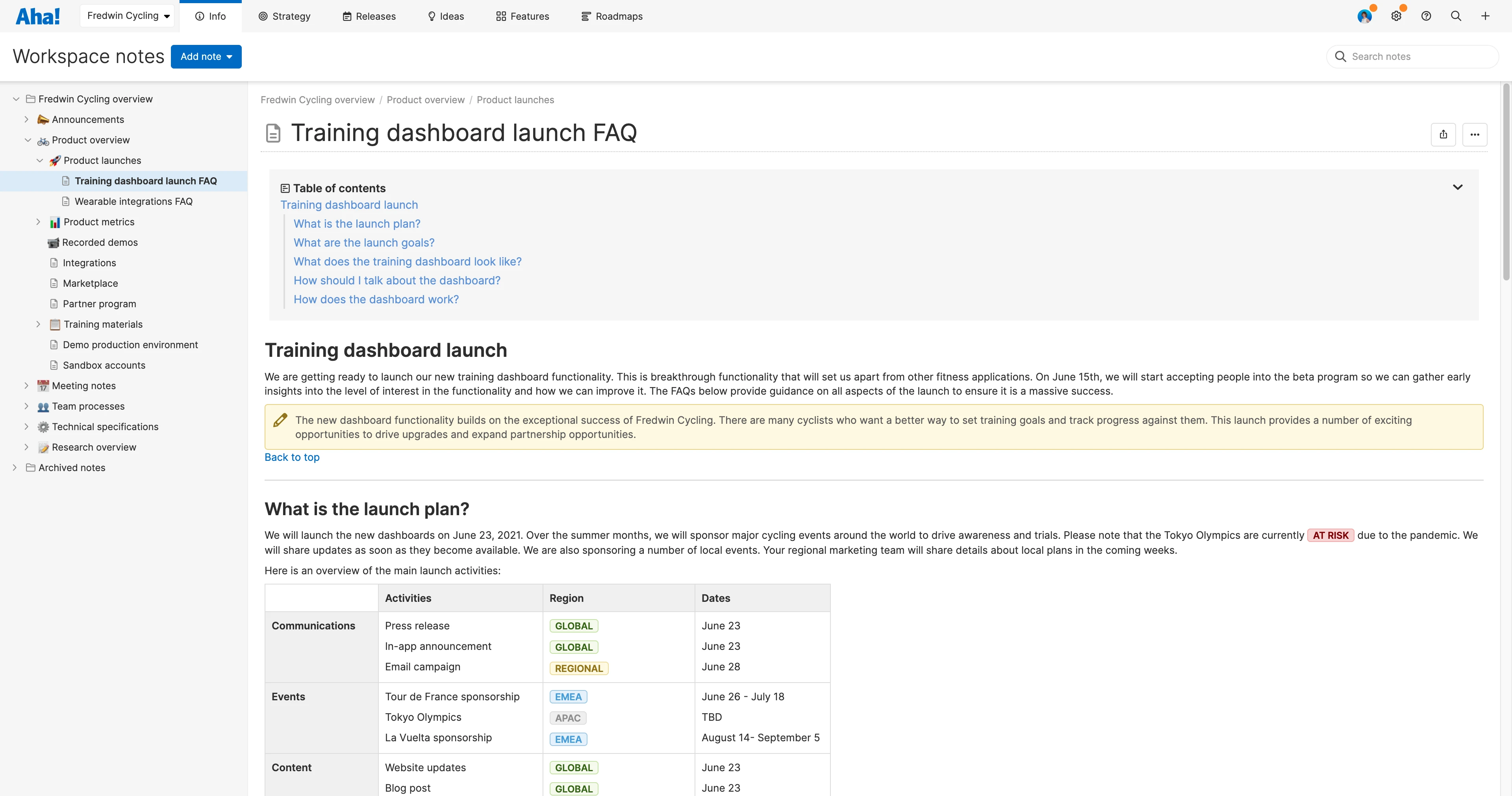 A note in Aha! Roadmaps with visual styling and formatting options.