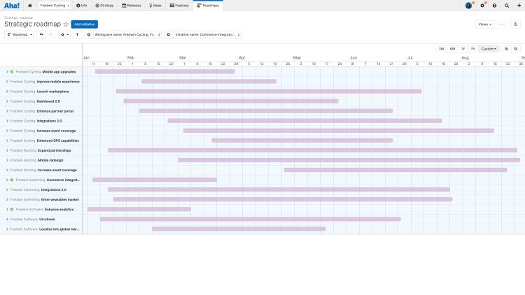 A strategic roadmap with initiatives in Aha! Roadmaps