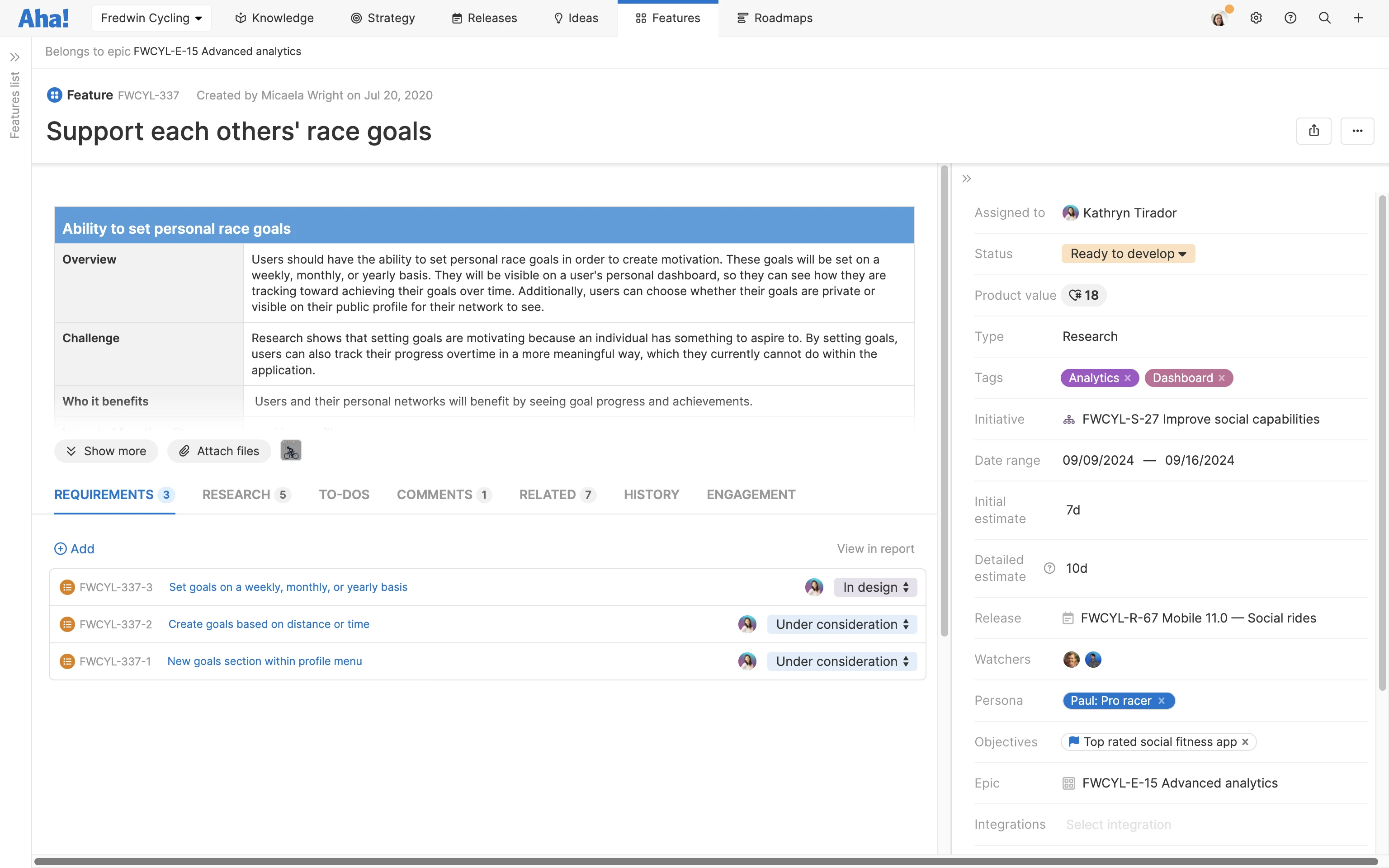 A feature detailed in Aha! software with prominent requirements
