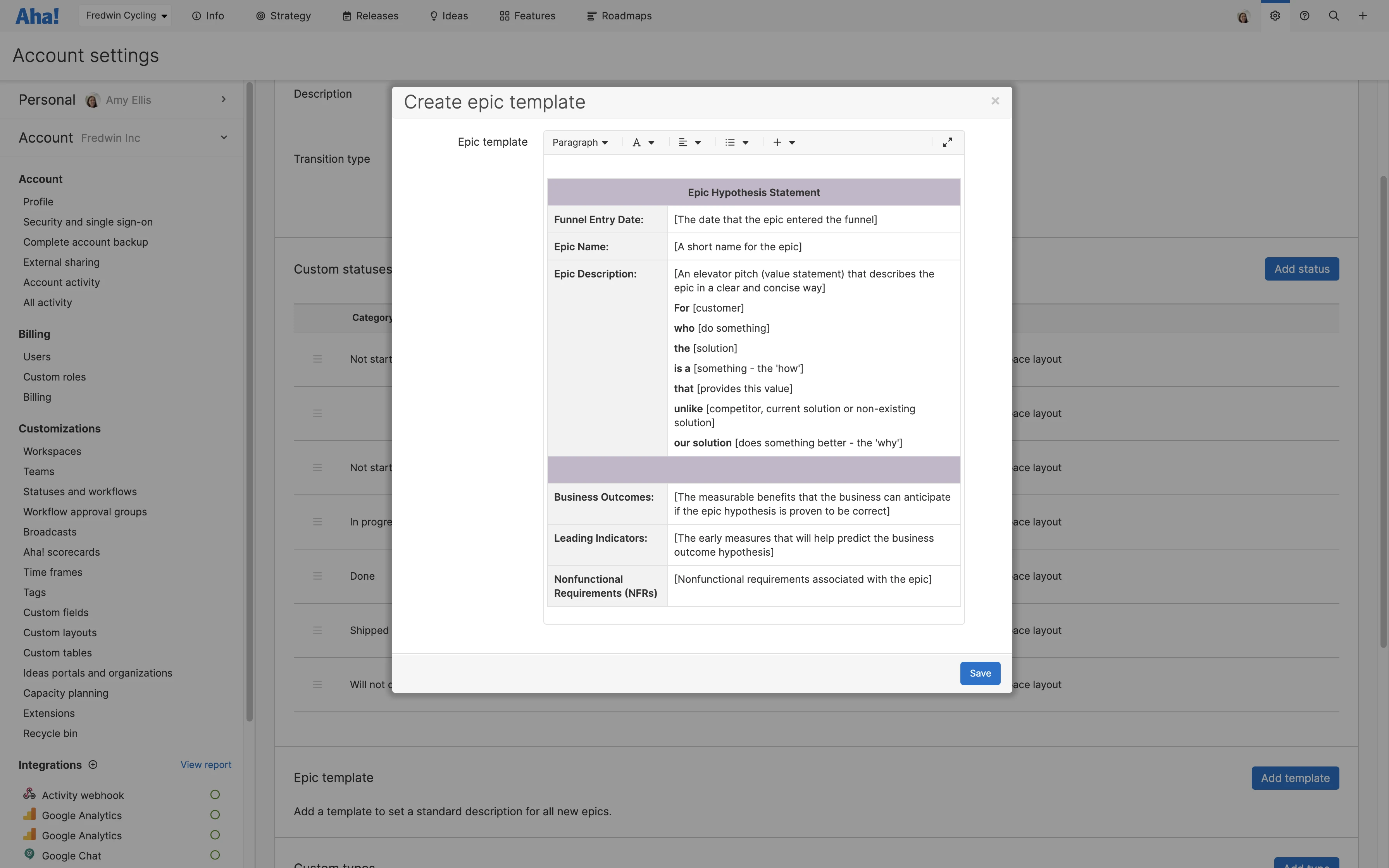 Create a unique workflow for epics or use the same workflow as your features. 