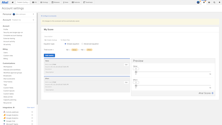 Aha! scorecard equation configuration in account settings