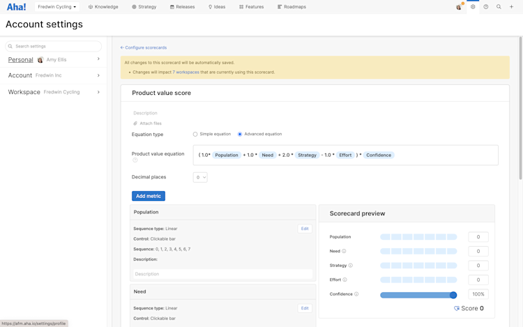 The settings area in Aha! software where users can determine an equation for product value scorecards