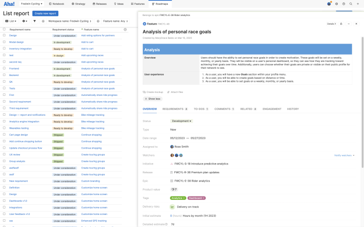 List report of requirements and their features, with features drawer open. 