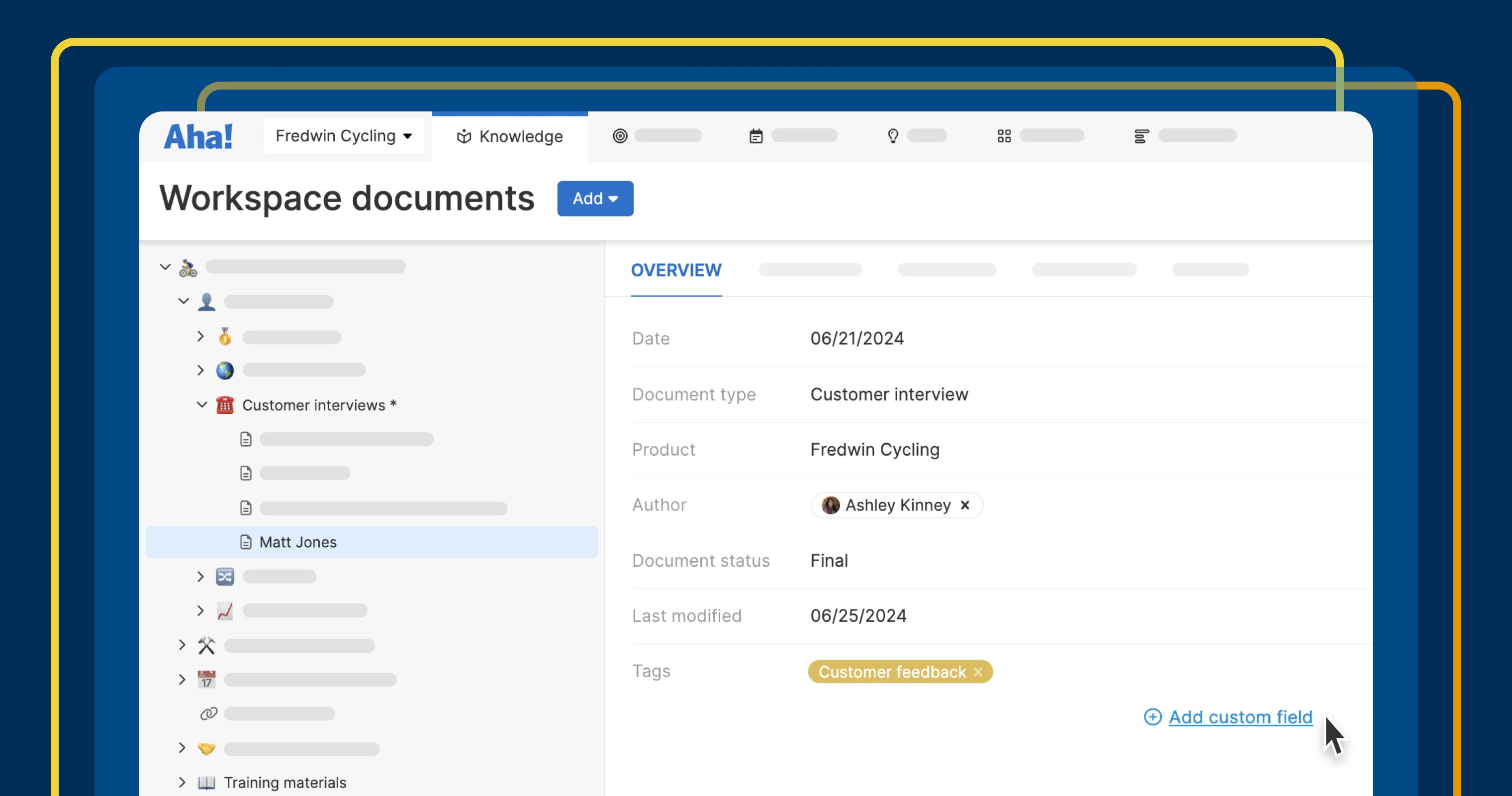 a workspace document with the add custom field option showing