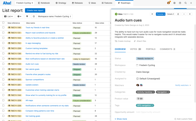 Ideas list report with an idea drawer